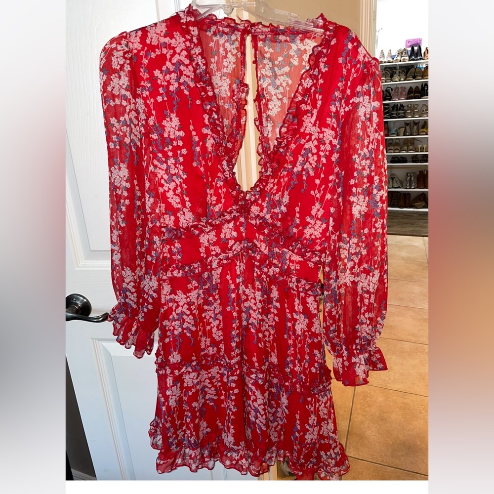 Red floral ruffle dress
